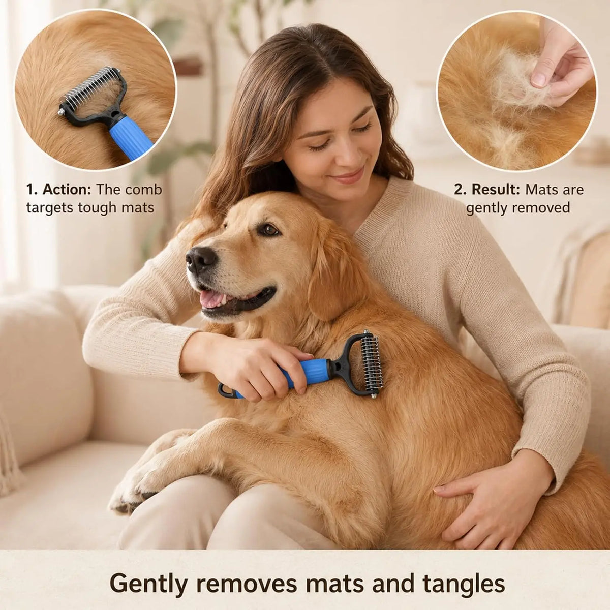 Dual-Sided Stainless Steel Dematting Slicker Comb for Cats and Dogs - Undercoat Rake Grooming Tool for Thick and Long Hair, Effectively Removes Tangles, Knots, and Loose Fur While Reducing Shedding