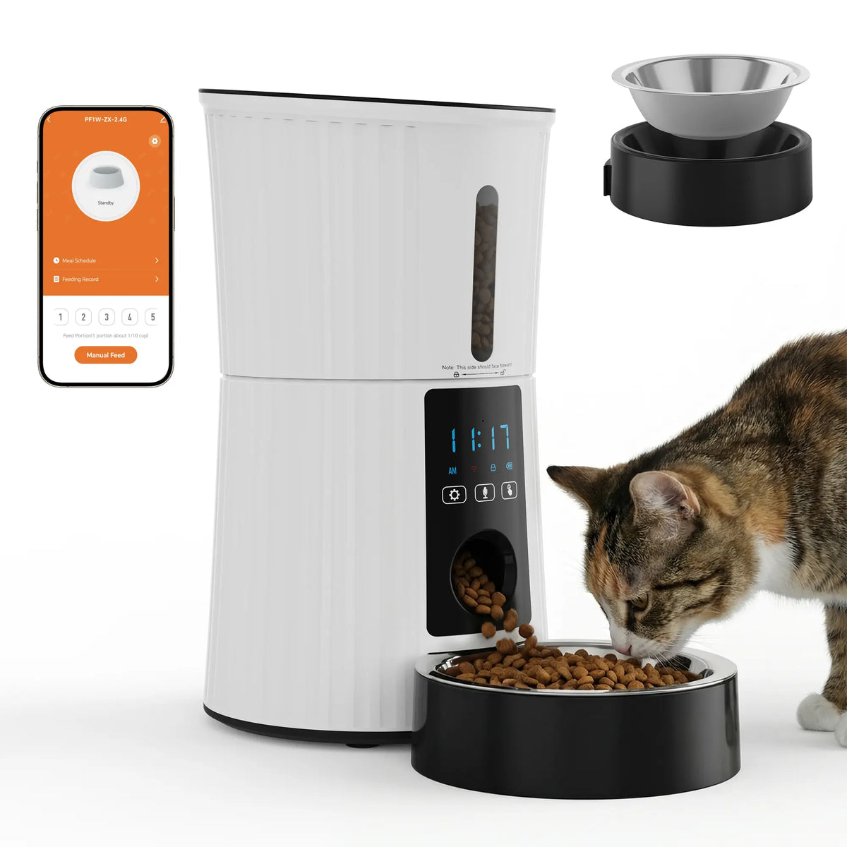 4L Automatic Cat Feeder, Dog Food Dispenser with APP Control, Black | 2.4G Wifi, 10S Voice Recorder, Dual Power, Desiccant Bag, Stainless Steel Bowl, Programmable Feeder for Small Cats and Dogs
