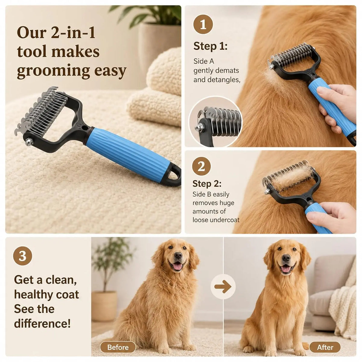Dual-Sided Stainless Steel Dematting Slicker Comb for Cats and Dogs - Undercoat Rake Grooming Tool for Thick and Long Hair, Effectively Removes Tangles, Knots, and Loose Fur While Reducing Shedding