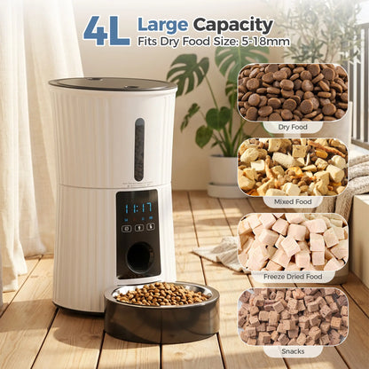 4L Automatic Cat Feeder, Dog Food Dispenser with APP Control, Black | 2.4G Wifi, 10S Voice Recorder, Dual Power, Desiccant Bag, Stainless Steel Bowl, Programmable Feeder for Small Cats and Dogs