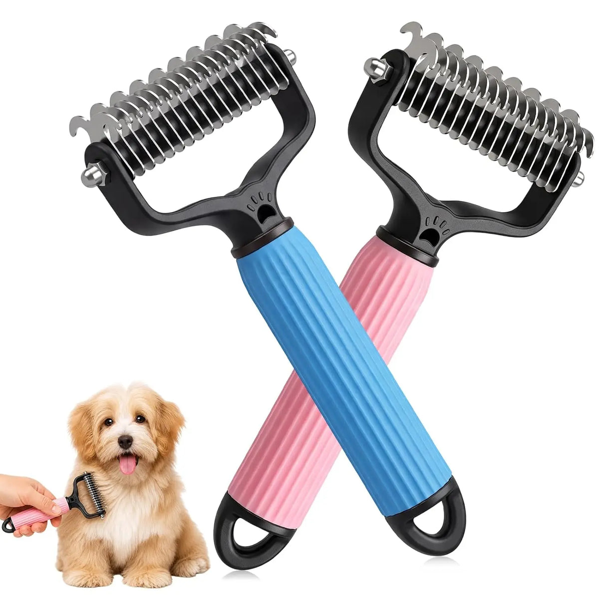 Dual-Sided Stainless Steel Dematting Slicker Comb for Cats and Dogs - Undercoat Rake Grooming Tool for Thick and Long Hair, Effectively Removes Tangles, Knots, and Loose Fur While Reducing Shedding