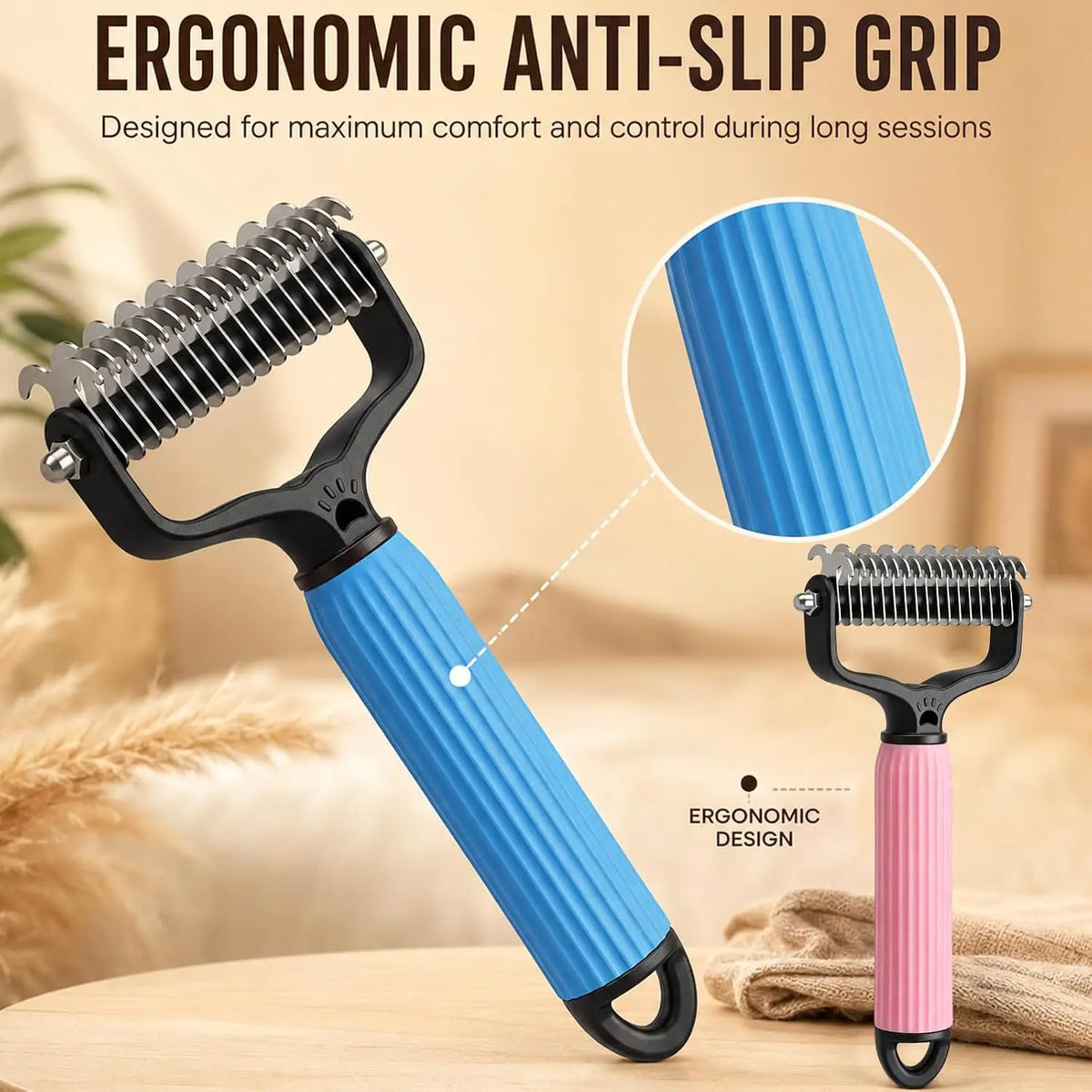 Dual-Sided Stainless Steel Dematting Slicker Comb for Cats and Dogs - Undercoat Rake Grooming Tool for Thick and Long Hair, Effectively Removes Tangles, Knots, and Loose Fur While Reducing Shedding