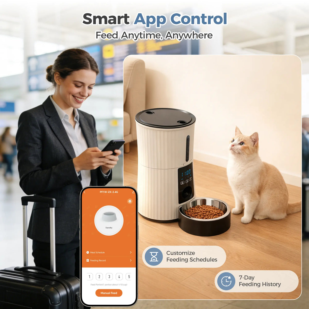 4L Automatic Cat Feeder, Dog Food Dispenser with APP Control, Black | 2.4G Wifi, 10S Voice Recorder, Dual Power, Desiccant Bag, Stainless Steel Bowl, Programmable Feeder for Small Cats and Dogs