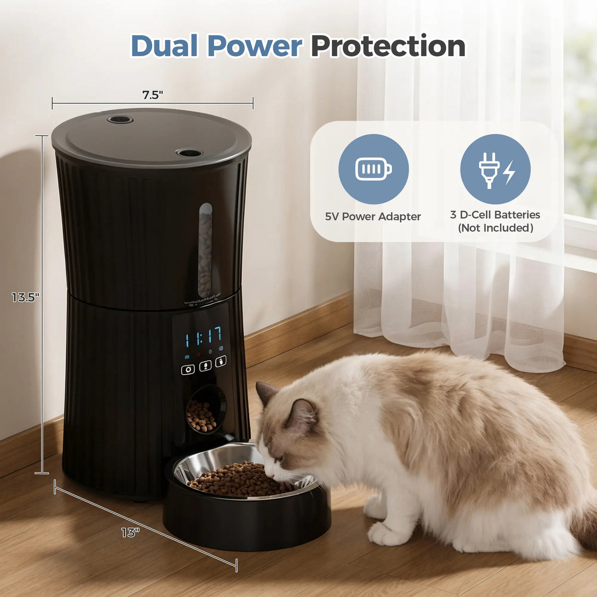 4L Automatic Cat Feeder, Dog Food Dispenser with APP Control, Black | 2.4G Wifi, 10S Voice Recorder, Dual Power, Desiccant Bag, Stainless Steel Bowl, Programmable Feeder for Small Cats and Dogs