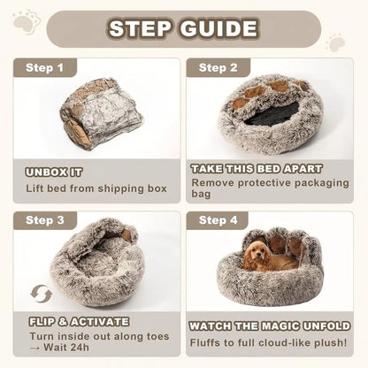 Plush Calming Pet Bed, Paw-Shaped round Faux Fur, Anti-Slip, Washable, for Dogs & Cats, Small/Medium
