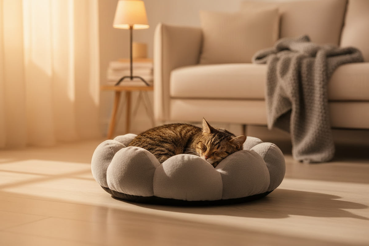 Gato na Cama de Pelúcia em Formato de Pata