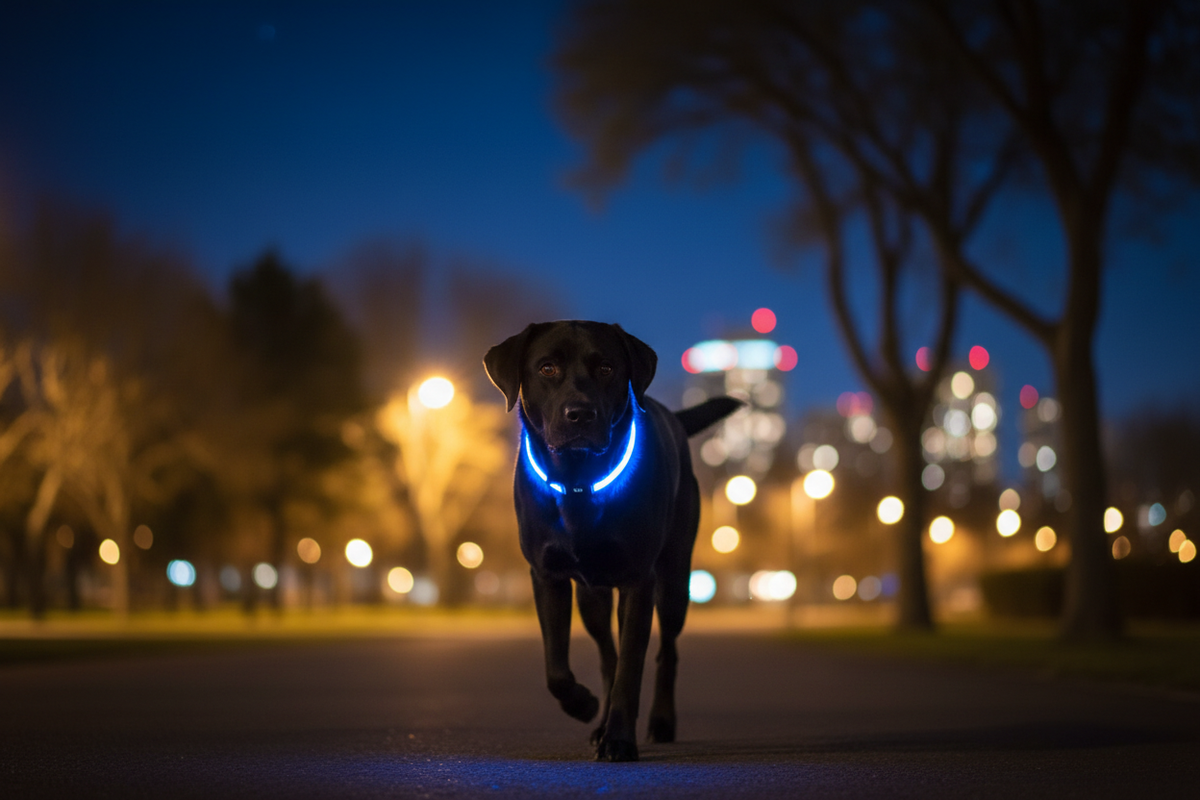 Labrador com Coleira LED Azul à Noite